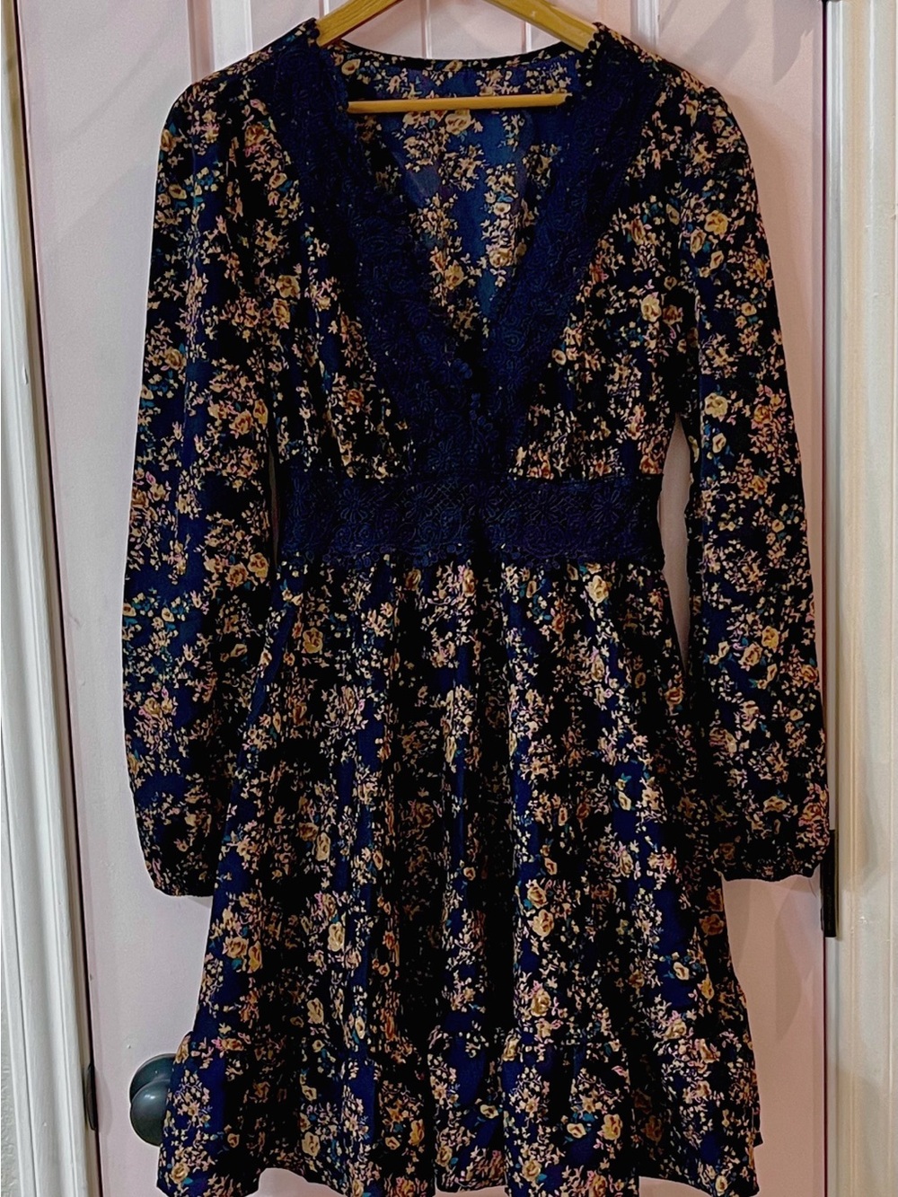 Navy Floral Lace-Trim Midi Dress